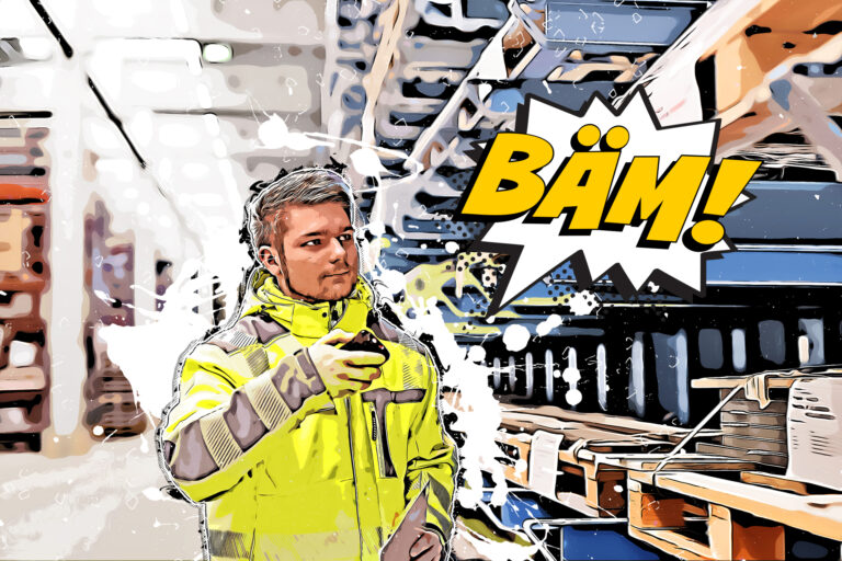 Luca, Logistik, Ausbildung Fachkraft für Lager & Logistik bei REINHOLD KELLER, Ausruf "BÄM!", Cartoon Effekt