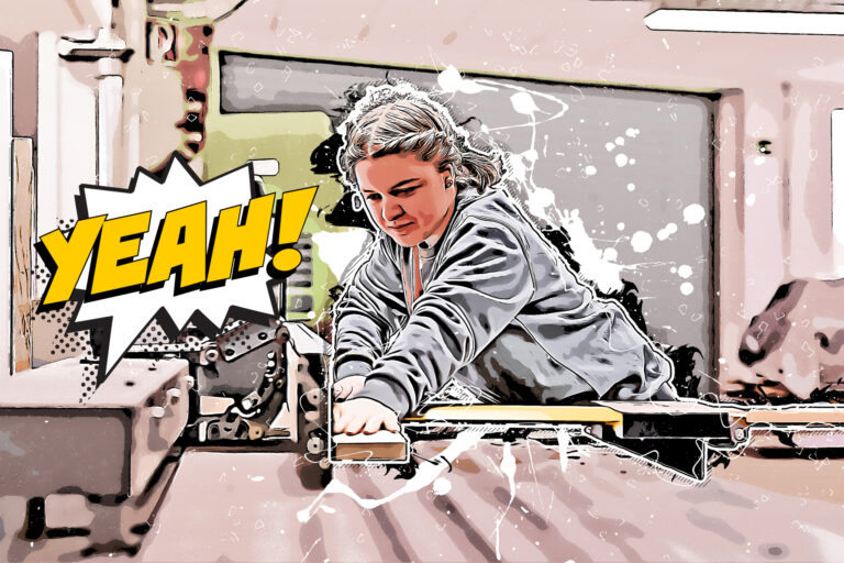 Carpenter apprentice at a machine exclaiming "YEAH!", training at REINHOLD KELLER, cartoon effect