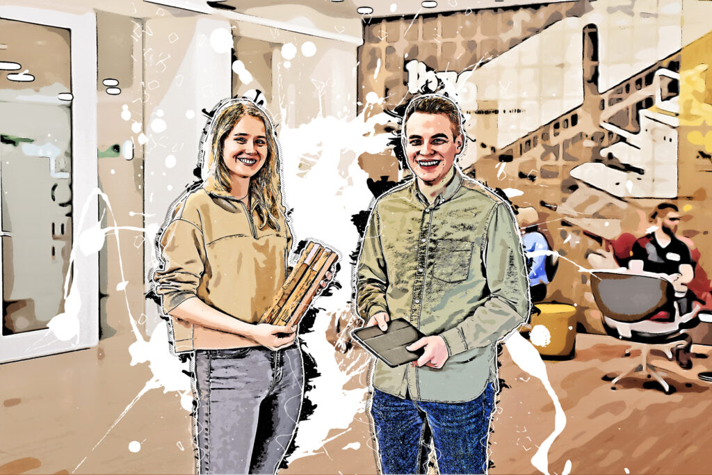 Frieda und Burkhard, duale Studenten, Holztechnik bei REINHOLD KELLER, Cartoon Effekt